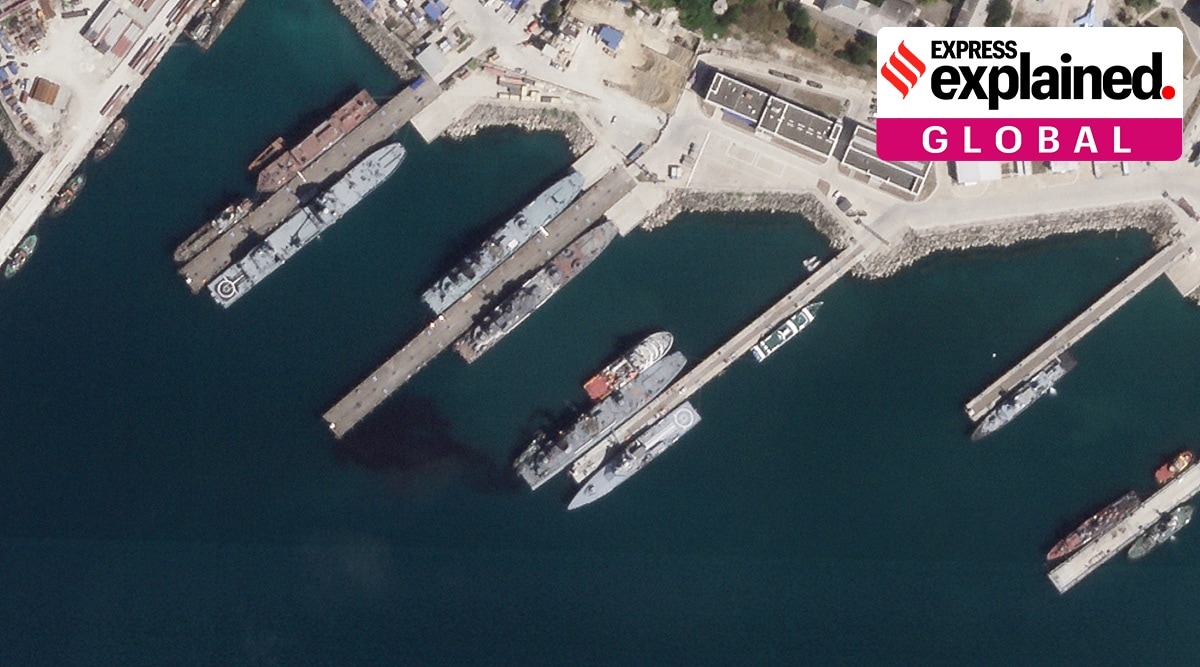 This satellite photo from Planet Labs PBC appears to show the damaged Russian landing vessel Olenegorsky Gornyak leaking oil while docked at Novorossiysk, Russia, Friday, Aug. 4, 2023.