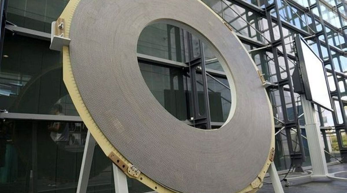 A view shows one of the superconductor coils which are assembled to form the giant magnet within which the magnectic field is 11.7 T.