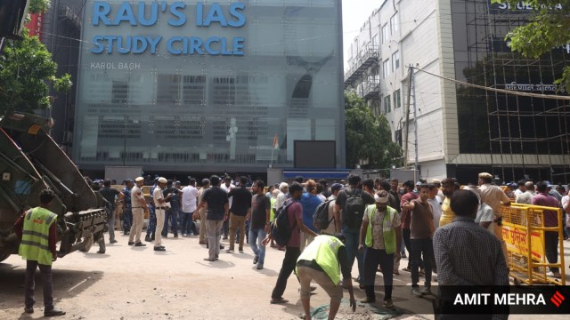 Delhi Coaching Centre flood news – Live updates: Students protest outside the coaching centre in Old Rajinder Nagar. (Express photo by Amit Mehra)