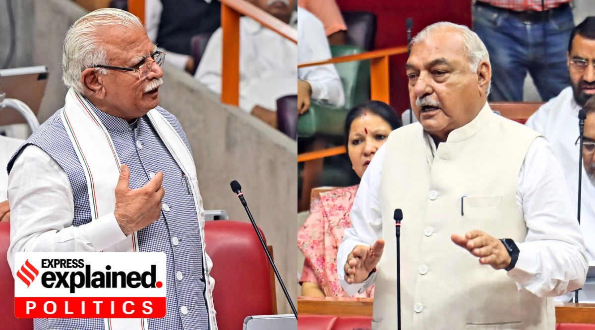 LOP and former CM Bhupinder Singh Hooda (R) and CM Manohar Lal Khattar (L) during the Monsoon session Haryana Vidhan Sabha in Chandigarh on Tuesday, August 29, 2023.