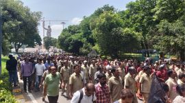 TSRTC employees marching in Hyderabad, demanding Absorption Bill approval from governor Tamilisai Sounderarajan to resolve long standing issues.