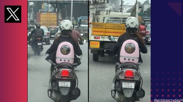 Woman drives scooter with a cat in her backpack in Bengaluru