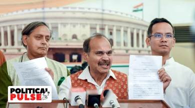 Leader of Congress in Lok Sabha Adhir Ranjan Chowdhury with MPs addresses the media