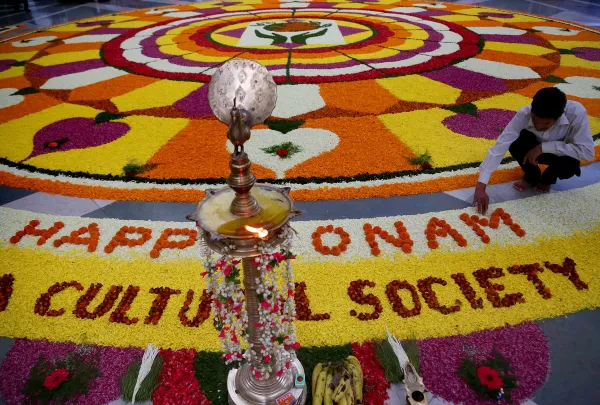 A large pookalam on the occasion of Onam festival. Picture: Express Photo by Amit Chakravarty
