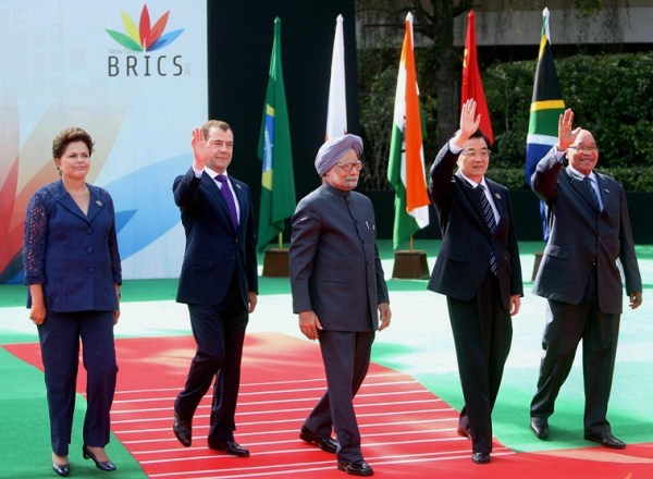 Indian Prime Minister Manmohan Singh (C) with, left to right, Brazilian President Dilma Rousseff, Russian President Dmitry Medvedev, Chinese President Hu Jintao and South African President Jacob Zuma at the 4th BRICS Summit in New Delhi in 2012. 
