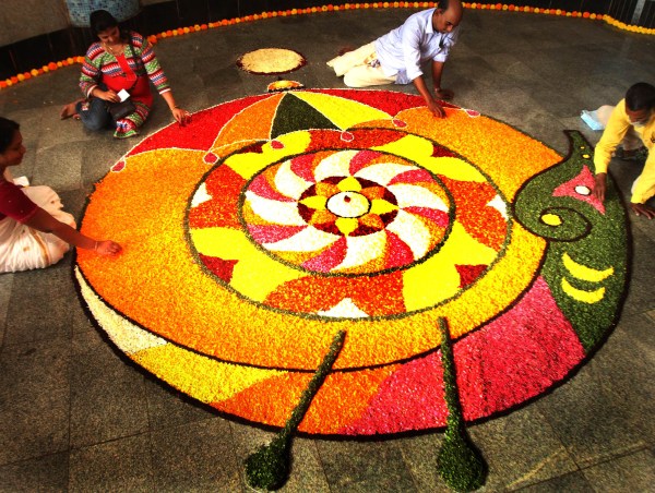 This pookalam took almost seven hours to complete. Picture: Express Photo by Deepak Joshi