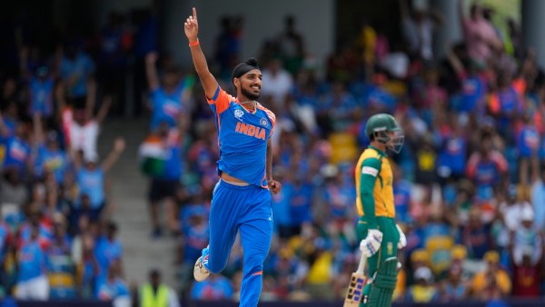 India's Arshdeep Singh celebrates the dismissal of South Africa's captain Aiden Markram during the ICC Men's T20 World Cup final cricket match between India and South Africa at Kensington Oval in Bridgetown, Barbados, Saturday, June 29, 2024. (AP Photo/Ricardo Mazalan)