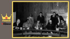 Jawaharlal Nehru, flanked by US Ambassador Chester Bowles and Dr Homi J Bhabha on his right and left, at the signing of an agreement for a US loan of $75 million for the Tarapur nuclear power plant.