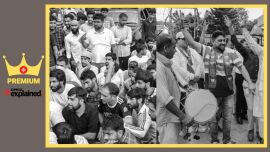 Gujjar and Bakerwal students take part in a protest against the introduction of the bill granting reservation to Pahari people in the Scheduled Tribe (ST) category in Jammu on July 28, 2023 (left) while BJP workers celebrate the move at their Jammu office on the same day (right).
