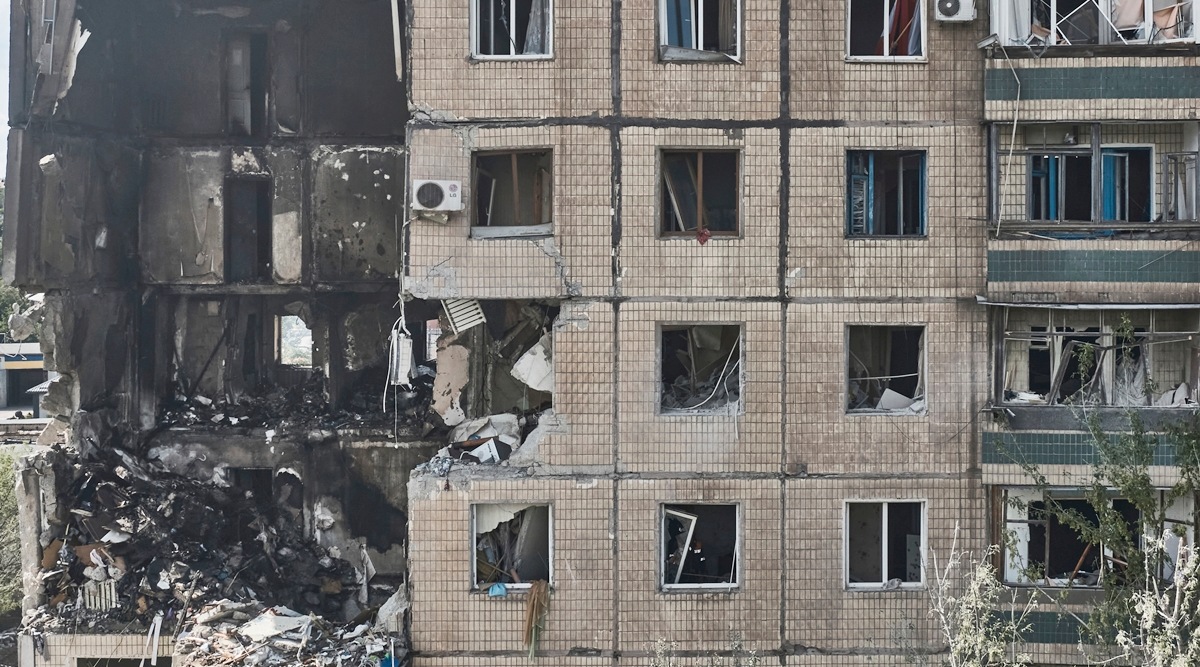 An apartment building after it was hit during a Russian missile strike in Kryvyi Rih, Ukraine, July 31, 2023