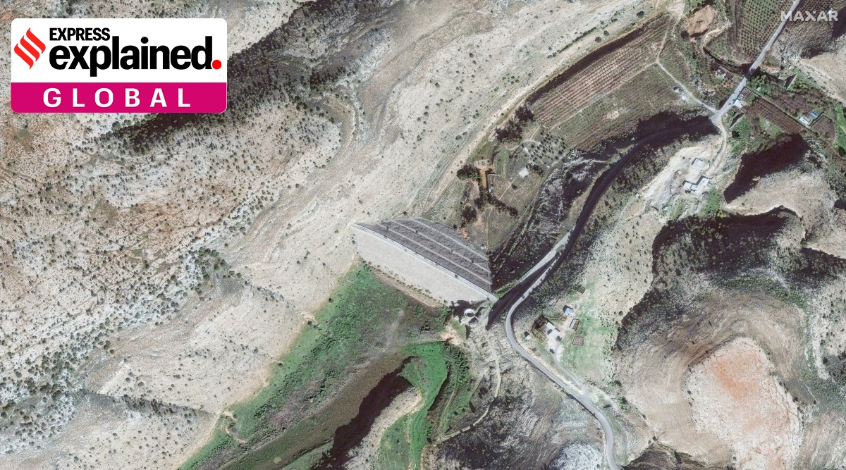 A satellite image shows upper dam in Wadi before the floods in Derna, Libya.