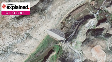 A satellite image shows upper dam in Wadi before the floods in Derna, Libya.