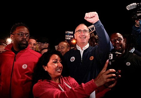 United Auto Workers union President Shawn Fain joins UAW members on a strike in Wayne