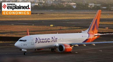 An Akasa Air passenger aircraft taxis on the tarmac at Chhatrapati Shivaji International Airport in Mumbai, India, May 2, 2023.