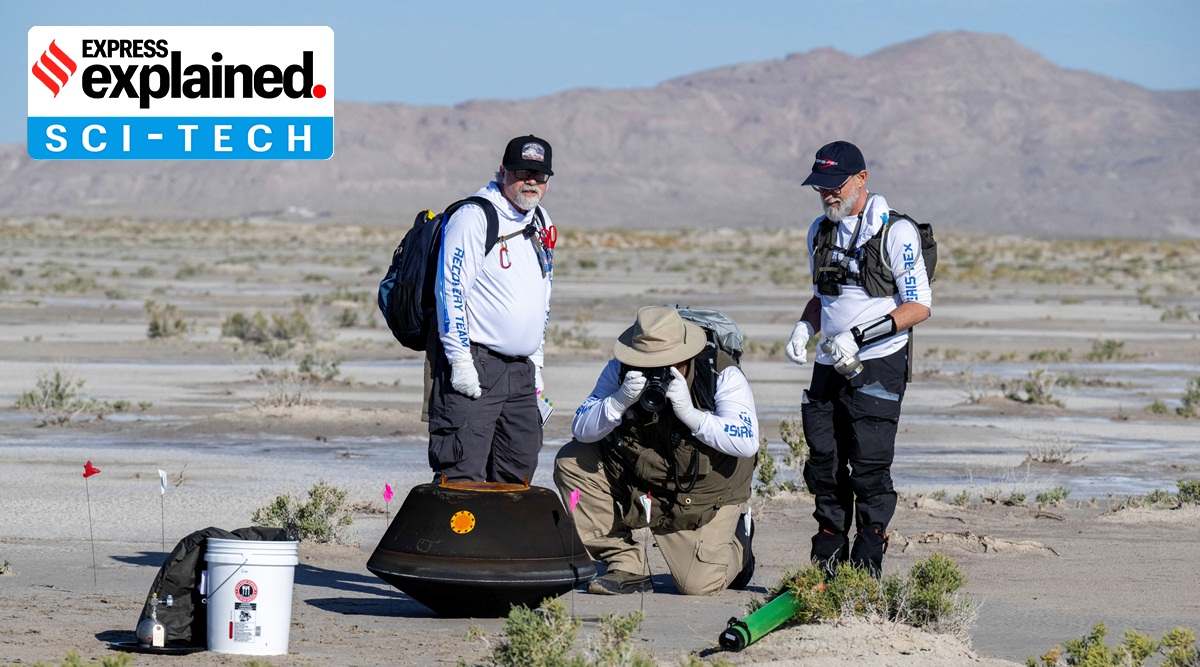 The return capsule containing a sample collected from the asteroid Bennu in October 2020 by NASA’s OSIRIS-REx spacecraft is seen shortly after touching down in the desert at the Department of Defense's Utah Test and Training Range in Dugway, Utah, U.S. September 24, 2023.