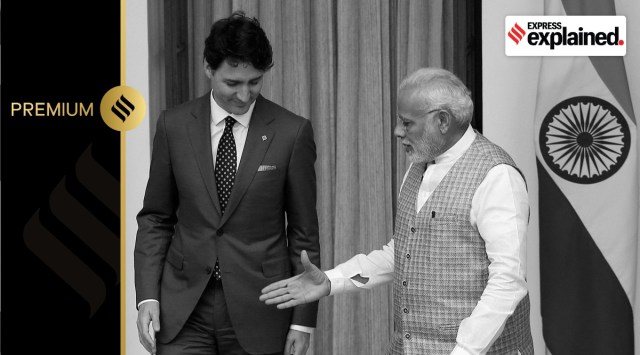 Indian Prime Minister Narendra Modi (R) extends his hand for a handshake with his Canadian counterpart Justin Trudeau during a photo opportunity ahead of their meeting at Hyderabad House in New Delhi, India, February 23, 2018.