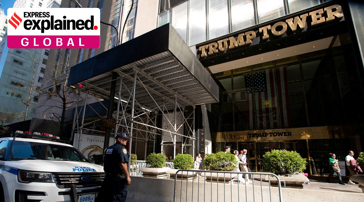 New York Police Department officer stands guard in front of Trump Tower before the arrival of former U.S. President Donald Trump in New York City, U.S., April 12, 2023.