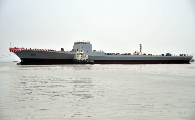 Mahendragiri, the seventh ship of the Project 17A Frigates, anchored at Mazagon Dock Shipbuilders Ltd during its launch