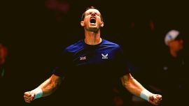 Great Britain's Andy Murray celebrates beating Switzerland's Leandro Riedi during the Davis Cup group stage match.
