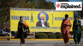 A photograph of Hardeep Singh Nijjar is seen on a banner outside the Guru Nanak Sikh Gurdwara Sahib in Surrey, British Columbia, Canada on Monday, Sept. 18, 2023, where gurudwara president Nijjar was gunned down in his vehicle while leaving the temple parking lot in June.