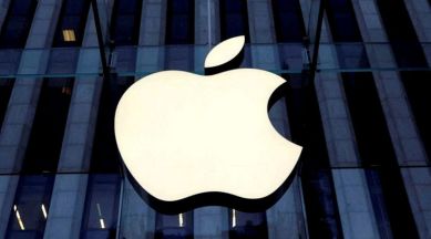 The Apple Inc. logo is seen hanging at the entrance to the Apple store on 5th Avenue in Manhattan, New York.