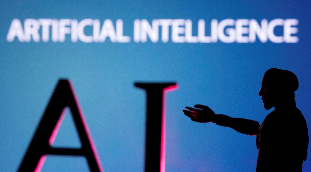 AI (Artificial Intelligence) letters and robot miniature in this illustration taken