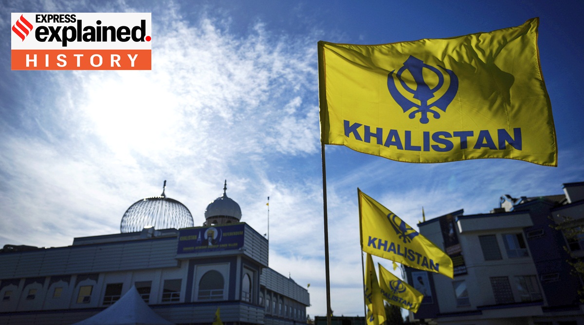 Khalistan flags are seen outside the Guru Nanak Sikh Gurdwara Sahib in Surrey, British Columbia, Canada, on Monday, Sept. 18, 2023, where temple president Hardeep Singh Nijjar was gunned down in his vehicle while leaving the temple parking lot in June.