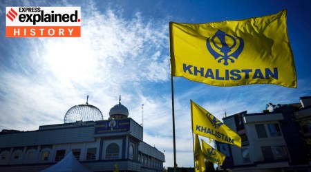 Khalistan flags are seen outside the Guru Nanak Sikh Gurdwara Sahib in Surrey, British Columbia, Canada, on Monday, Sept. 18, 2023, where temple president Hardeep Singh Nijjar was gunned down in his vehicle while leaving the temple parking lot in June.