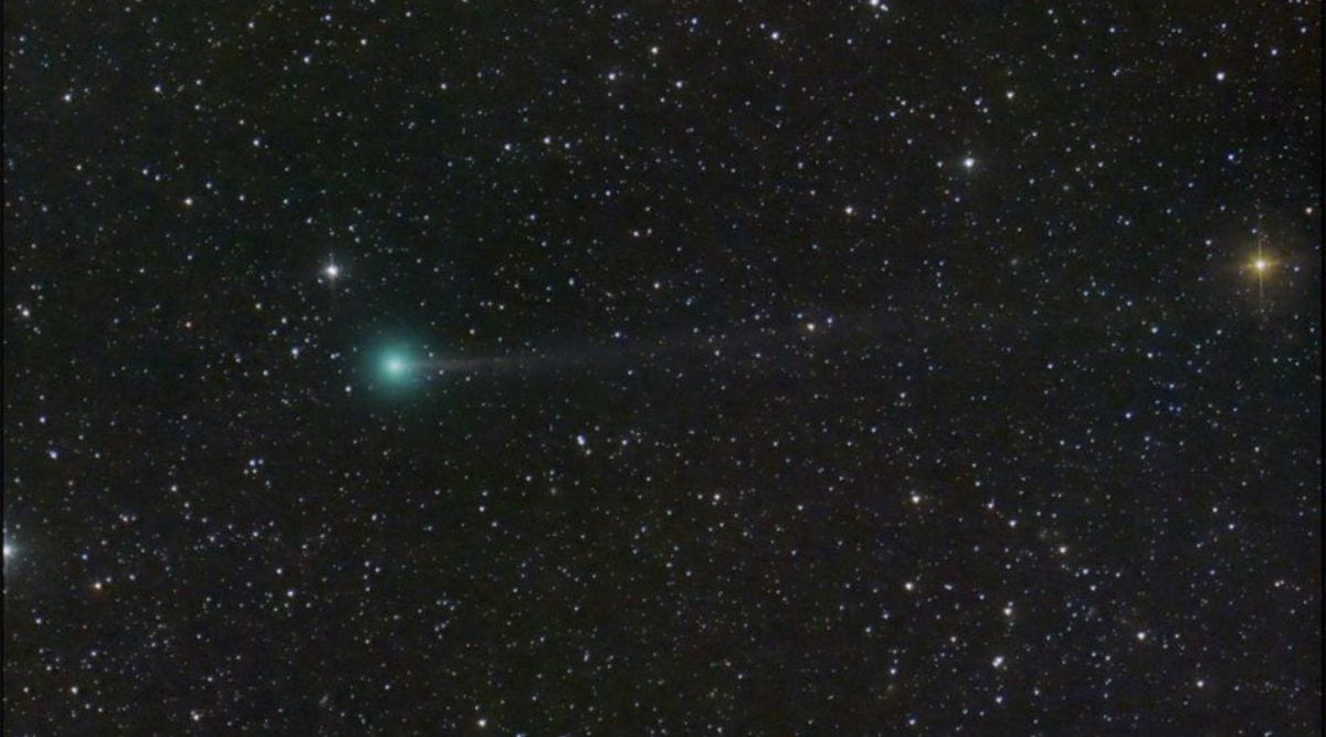 Comet Nishimura sporting a green coma and a thin tail.
