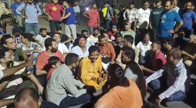 Self-stĀled cowvigilante SatishKumar and his aides during the protest in Khanna onTuesdaĀ. Express