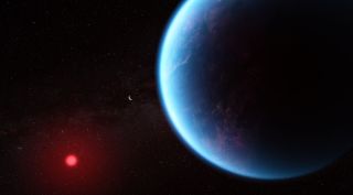 Illustration of a blue coloured planet with a faint red dwarf star in the background