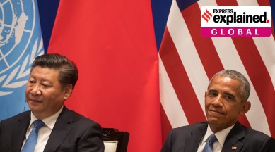 Chinese President Xi Jinping with President Barack Obama at a ceremony announcing the formal adoption of the Paris climate agreement, in Hangzhou, China, Sept. 3, 2016.