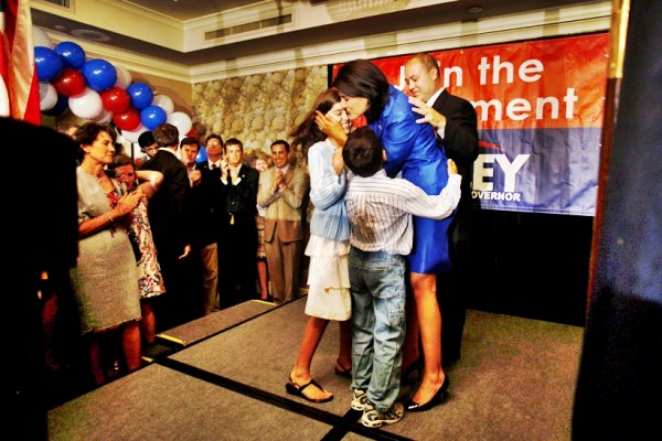 Nikki Haley celebrates with her family after winning the primary election for the South Carolina governor race at the Capital City Club in Columbia, S.C, on June 8, 2010.  (Travis Dove/The New York Times)