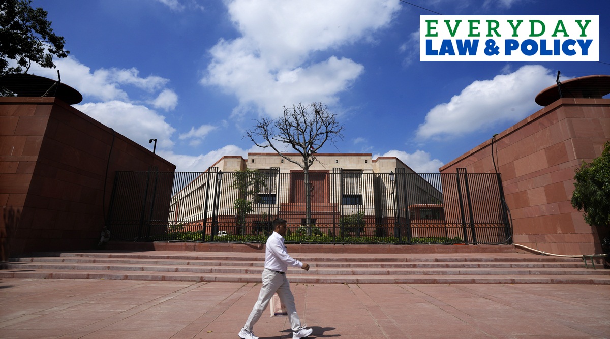Special session Bills: A man walks past the new Parliament building in New Delhi, India, Monday, Sept. 18, 2023. The lawmakers' sitting is the last one to be held in the old parliament building and the future proceedings will be moved to a new building from Tuesday.