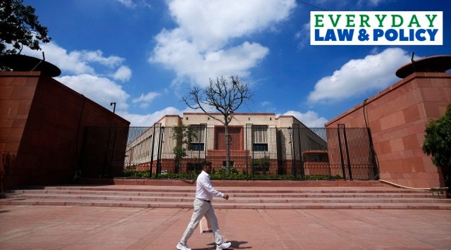 Special session Bills: A man walks past the new Parliament building in New Delhi, India, Monday, Sept. 18, 2023. The lawmakers' sitting is the last one to be held in the old parliament building and the future proceedings will be moved to a new building from Tuesday.
