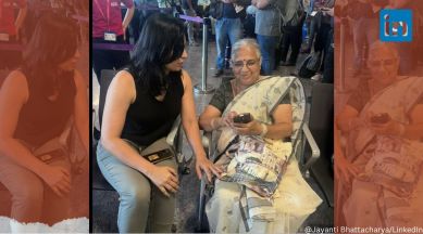 Infosys chairperson Sudha Murty interacts with passengers at busy airport