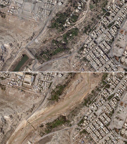 This combination of satellite photos from Planet Labs PBC show a dam on Sept. 2, 2023, top, and after it collapsed on Tuesday, Sept. 12, 2023, bottom, in Derna, Libya. The destruction came to Derna and other parts of eastern Libya on Sunday night, Sept. 10, 2023. As the storm pounded the coast, Derna residents said they heard loud explosions and realized that dams outside the city had collapsed. Flash floods were unleashed down Wadi Derna, a river running from the mountains through the city and into the sea. 