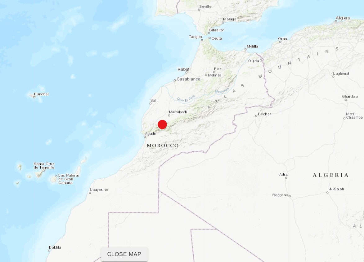 The epicentre of the quake (red dot) is roughly 70km south west of Marrakech. (Source: USGS)
