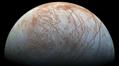 An image of Jupiter's moon Europa made using pictures taken by NASA's Galileo spacecraft in the late 1990s.