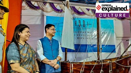 Union MoS for Culture Meenakshi Lekhi during keel laying ceremony of a stitched ship reminiscent of vessels that sailed on India's ancient maritime trade routes, in Panaji, Tuesday, Sept. 12, 2023. Member of the Economic Advisory Council to the Prime Minister Sanjeev Sanyal is also seen.