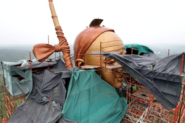 The 108-foot tall Adi Shankaracharya statue before its unveiling, in Omkareshwar, Friday, Sept. 15, 2023.
