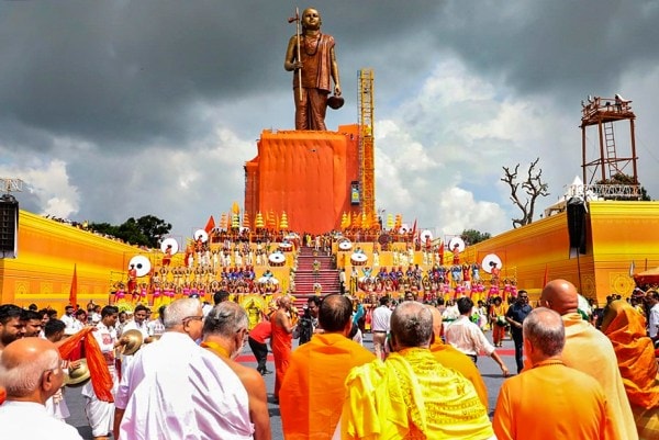The 108-feet-tall statue of Hindu saint Adi Shankaracharya, named 'Ekatmata Ki Pratima' (Statue of Oneness), during its unveiling ceremony, at Omkareshwar in Khandwa district, Madhya Pradesh. 