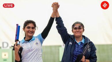 Asian Games 2023 Live Updates: Gold medal winner Indian shooter Palak celebrates with silver medallist compatriot Esha Singh (L) after finals of women's 10m air pistol (individual) event at the 19th Asian Games, in Hangzhou, China. (PTI)