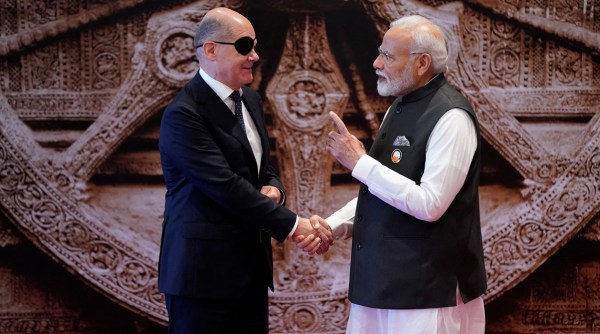 Prime Minister Narendra Modi welcomes Germany’s Chancellor Olaf Scholz at the Bharat Mandapam on Saturday.