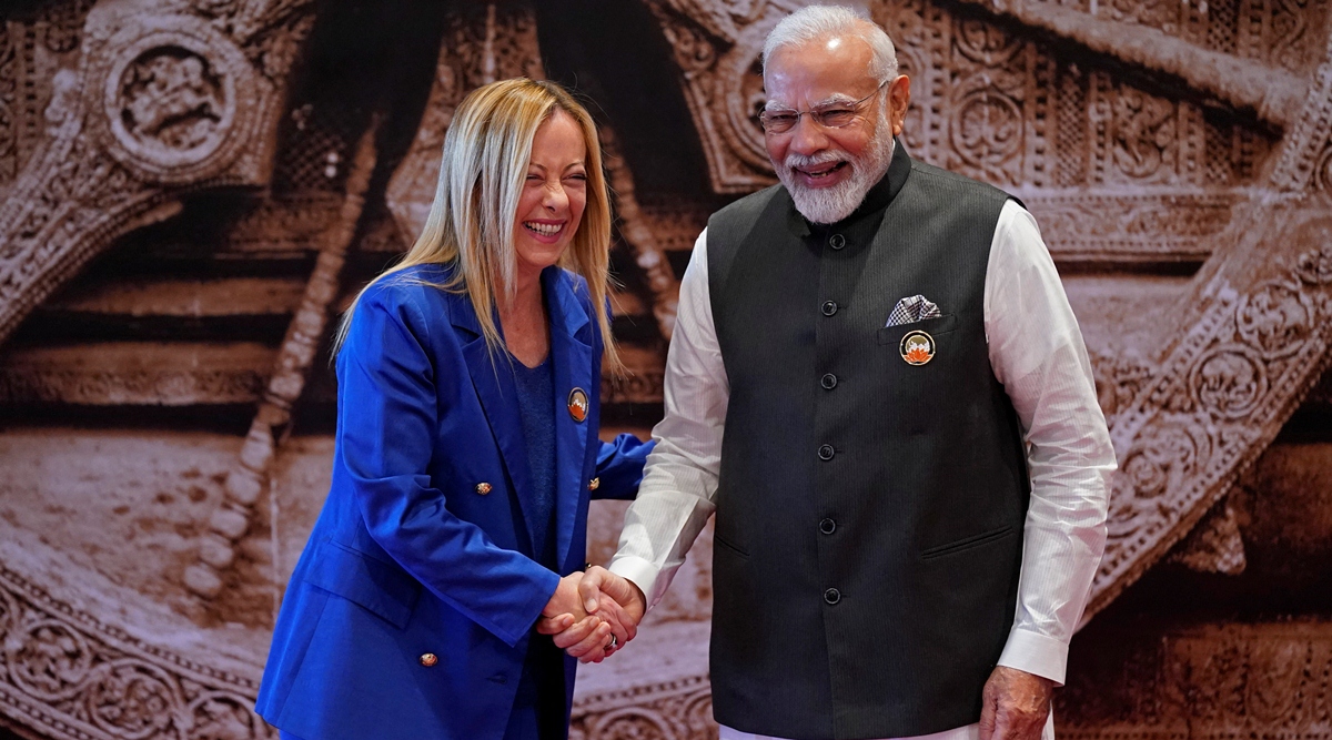 Prime Minister Narendra Modi welcomes Italian Prime Minister Giorgia Meloni at the Bharat Mandapam on Saturday.