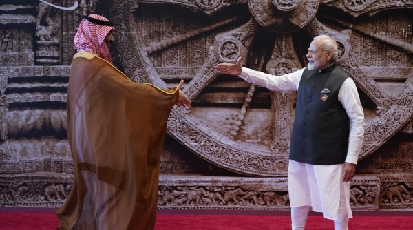 Prime Minister Narendra Modi welcomes Saudi Arabia’s Crown Prince Mohammed bin Salman Al Saud at the Bharat Mandapam on Saturday.