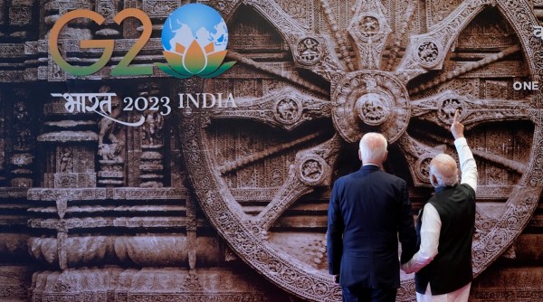 Prime Minister Narendra Modi welcomes US President Joe Biden at the Bharat Mandapam on Saturday.