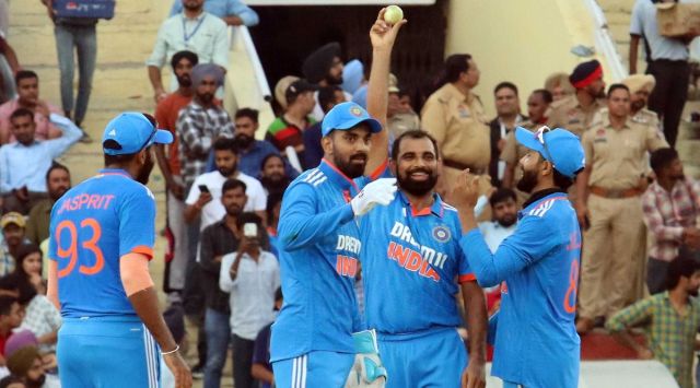 Mohammed Shami after taking 5 wickets during the 1st ODI against Australia. (Express Photo by Kamleshwar Singh)