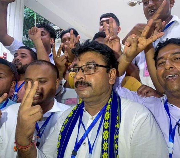 Sepahijala: BJP candidate Tafajjal Hossain shows victory sign after his win in the Boxanagar assembly bypoll (PTI Photo)