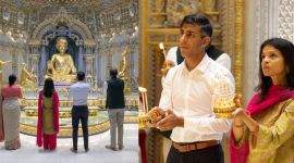 UK Prime Minister Rishi Sunak along with his wife Akshata Murthy offer prayers at Akshardham temple on Sunday (Source: BAPS)